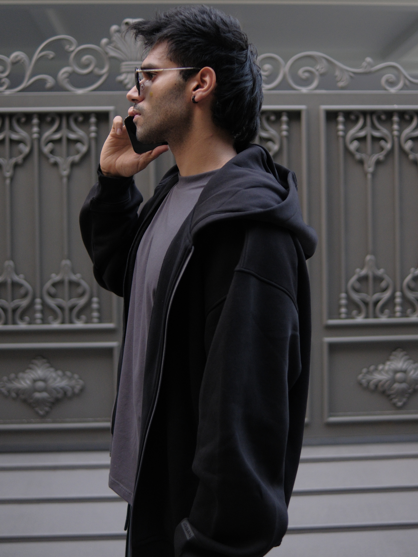 Layered Zip Up Hoodie - Black