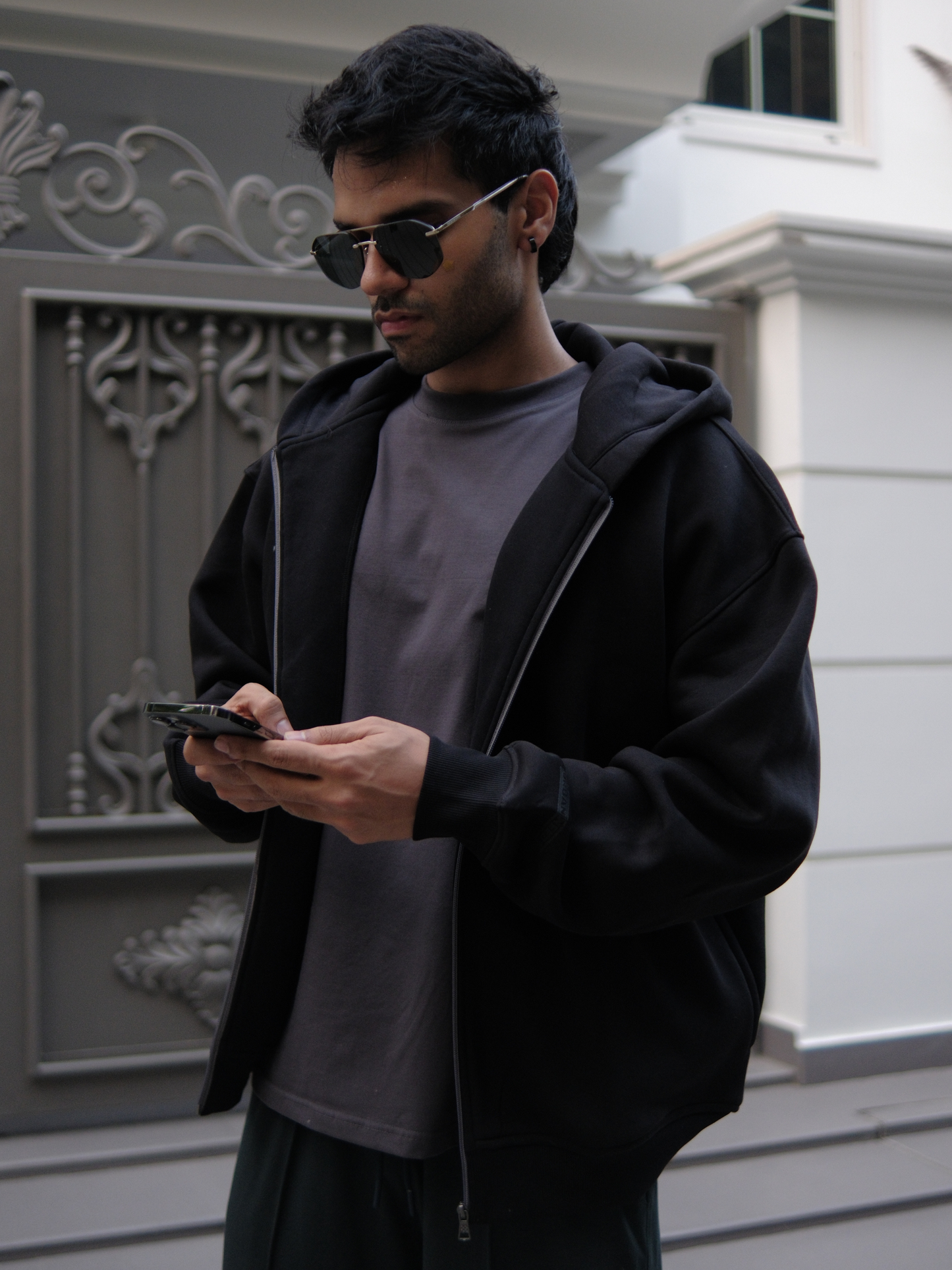 Layered Zip Up Hoodie - Black