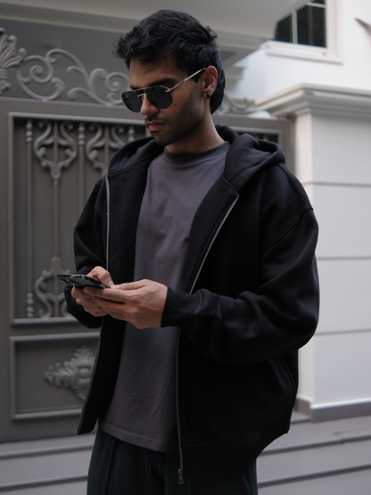 Layered Zip Up Hoodie - Black