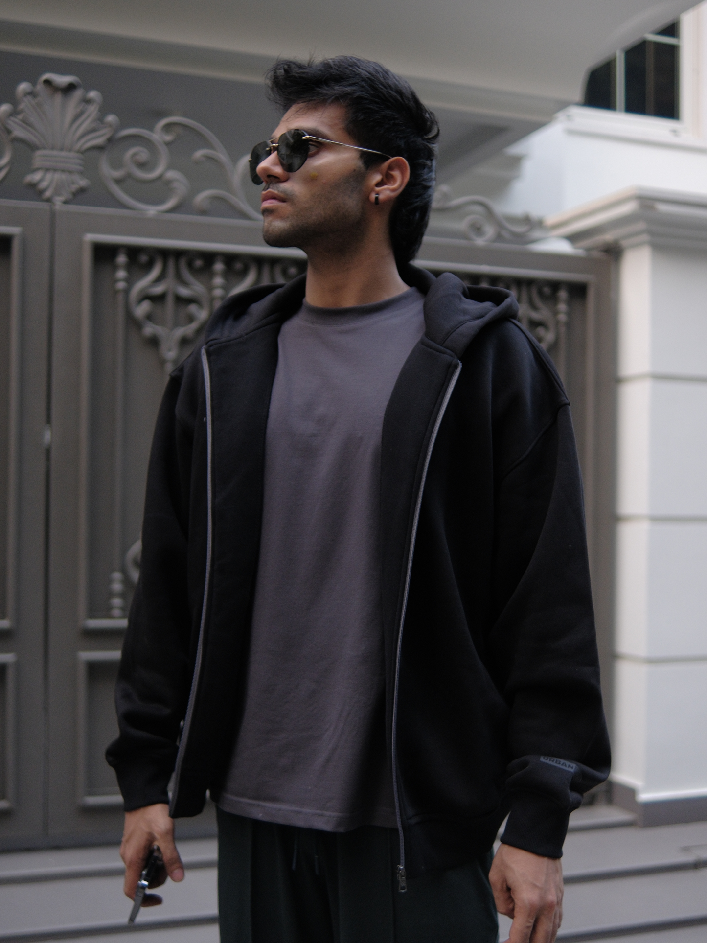 Layered Zip Up Hoodie - Black