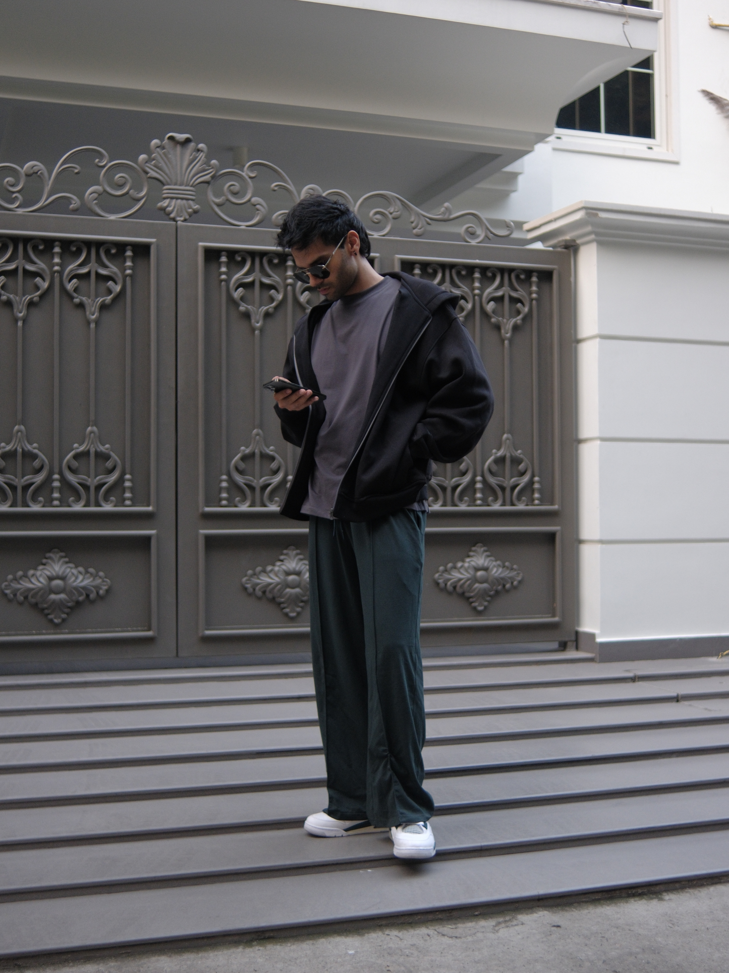 Layered Zip Up Hoodie - Black