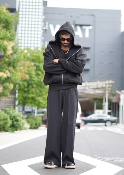 Layered Zip Up Hoodie - Black