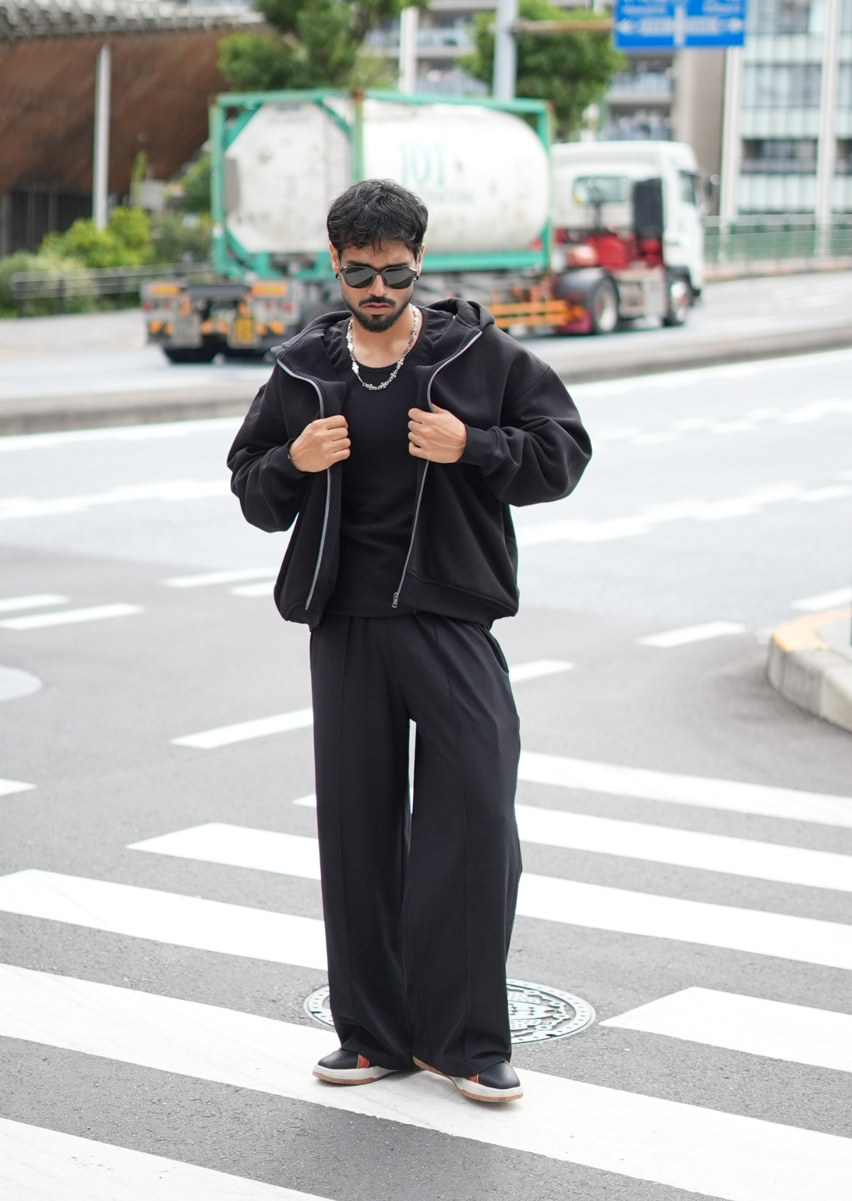 Layered Zip Up Hoodie - Black