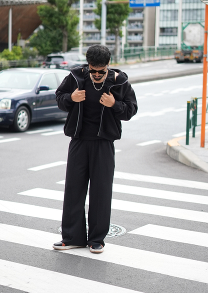 Layered Zip Up Hoodie - Black