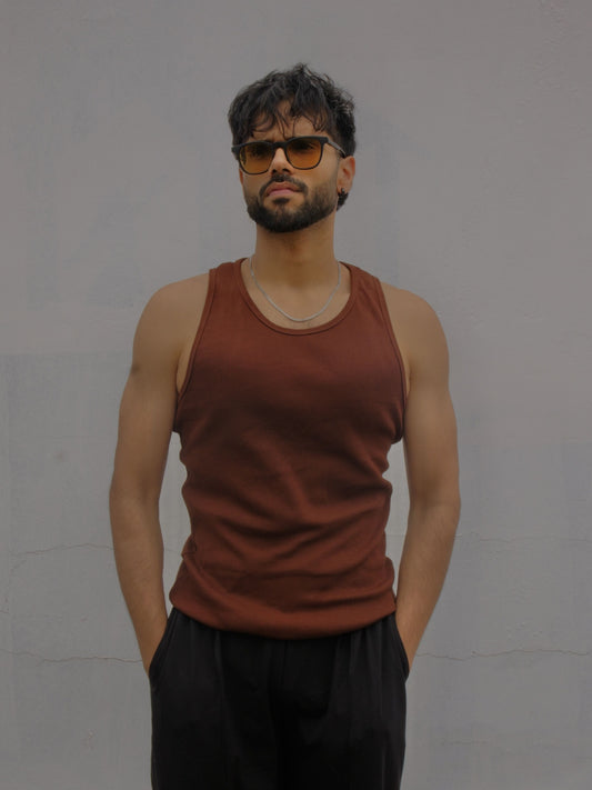 Skin Fit Ribbed Tank Top - Brown