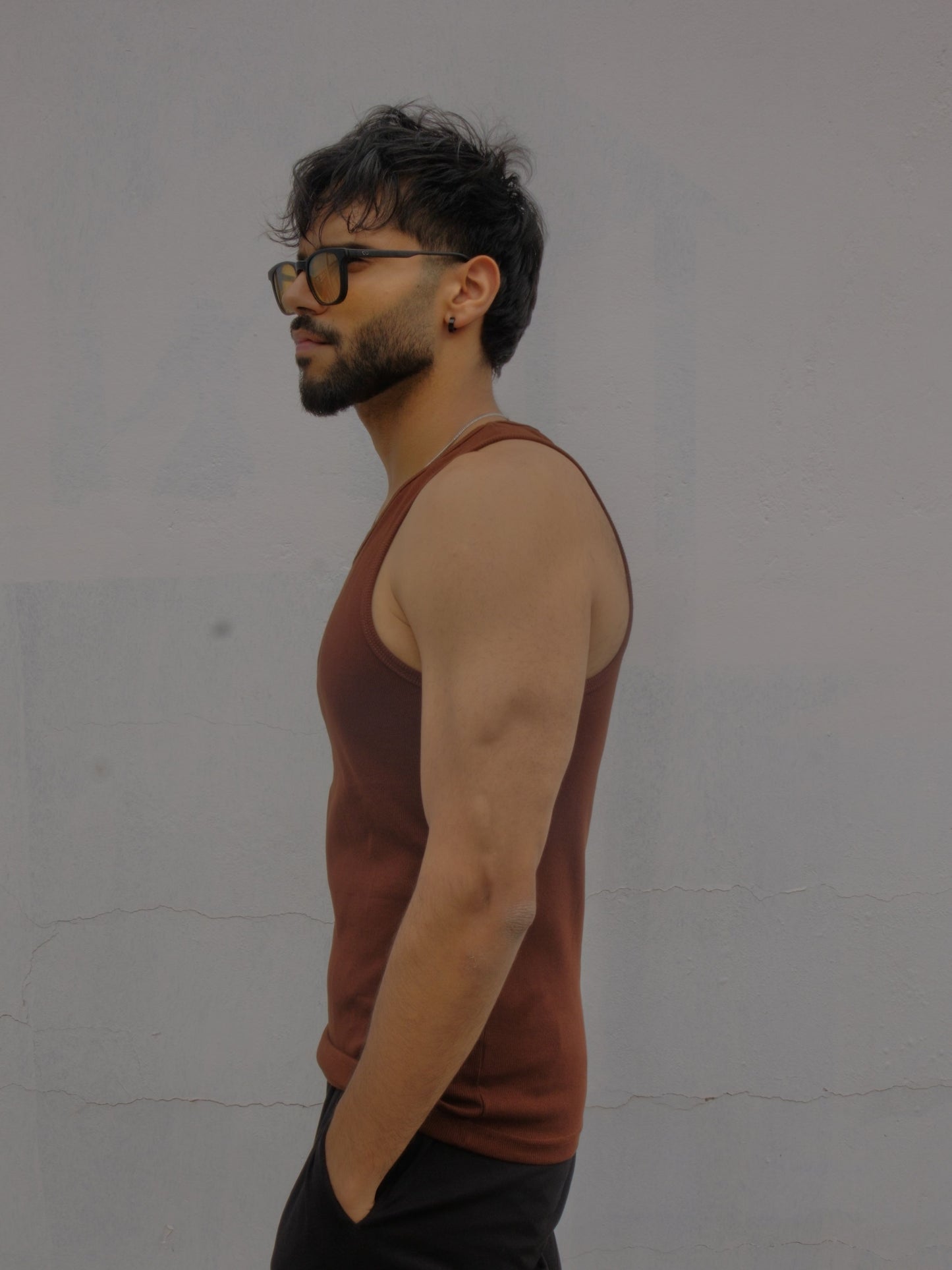 Skin Fit Ribbed Tank Top - Brown